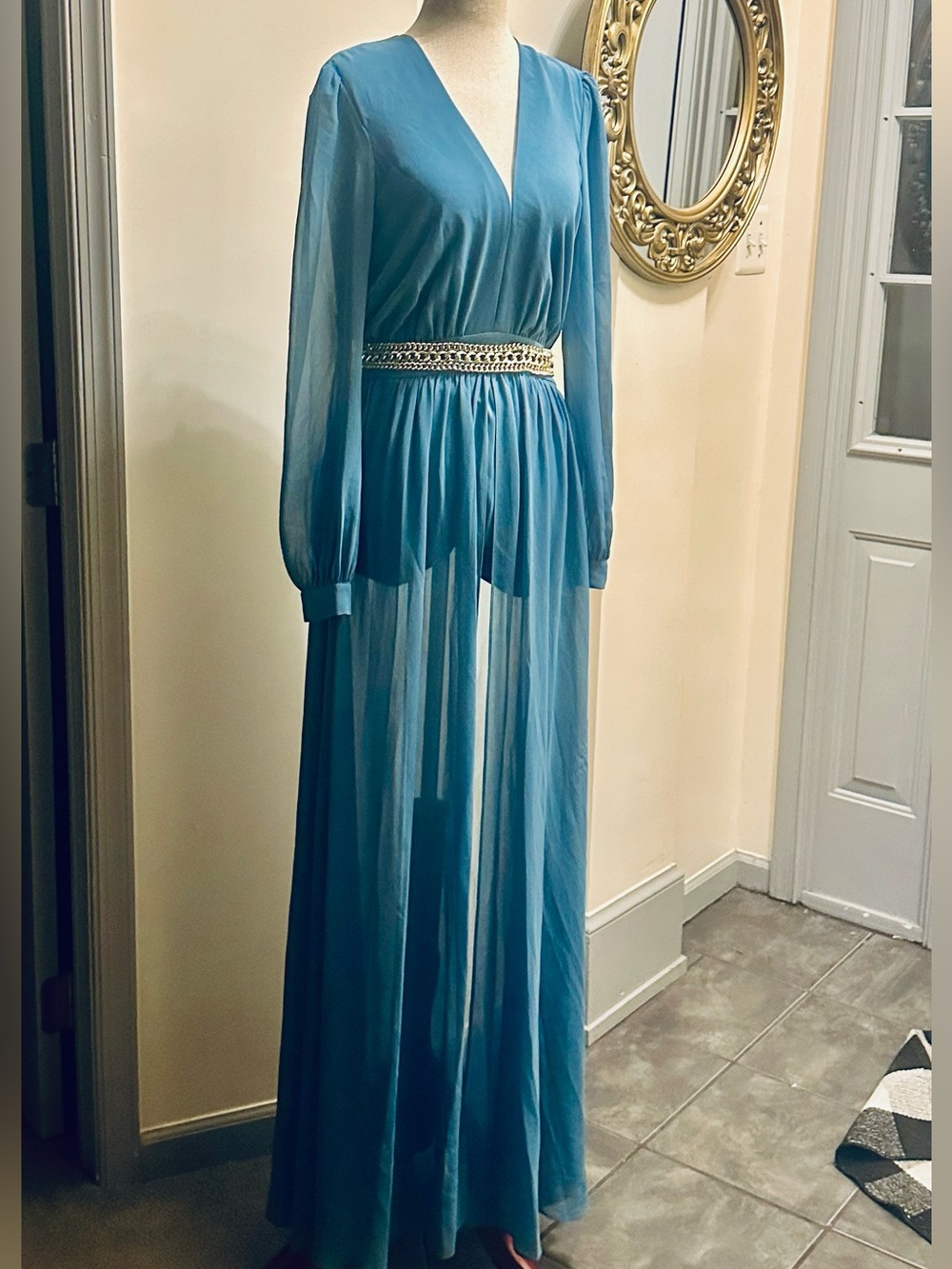 Bebe flowy Teal Deep-V Long Sleeve Maxi jumpsuit romper dress  Sz 4 S